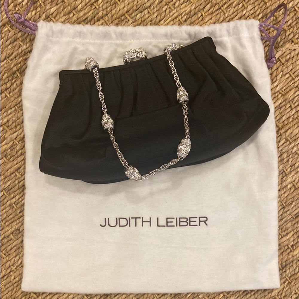 Judith Leiber Black Satin Clutch with Silver Crystal Chain